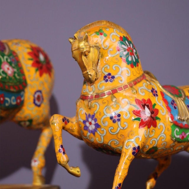 Late 20th Century Pair of Gilt Bronze Cloisonné Enamel Horse Figures For Sale - Image 5 of 10