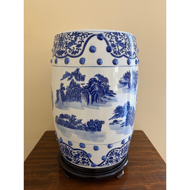 Late 20th Century Chinoiserie Blue and White Porcelain Garden Stool or Side Table on Wooden Stand For Sale - Image 10 of 12
