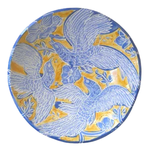 Yellow Blue Bird Ceramic Pottery Bowl