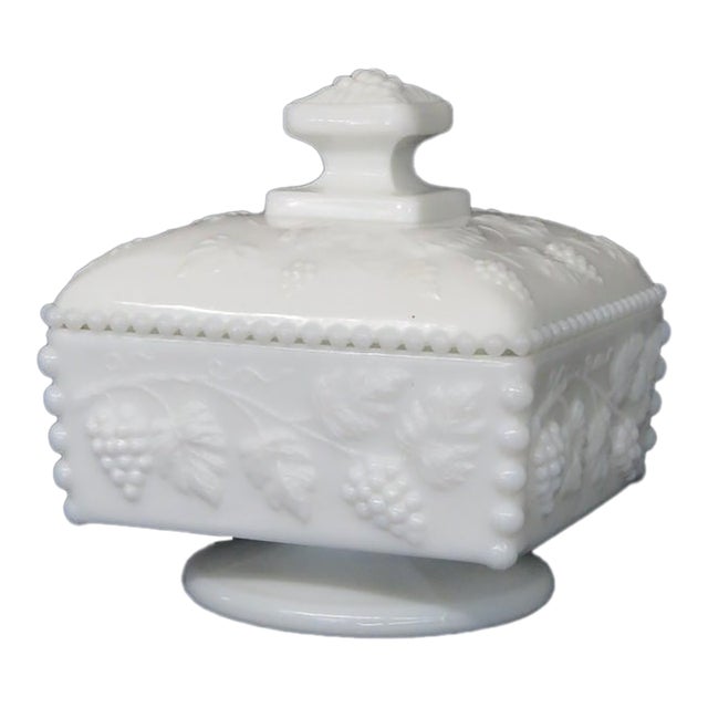 Early 20th Century Westmoreland White Milk Glass Beaded Grape Footed Candy Dish With Lid For Sale