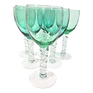 Handblown Green Twist Goblets- Set of Six For Sale