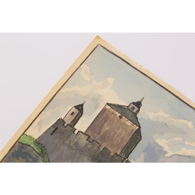 Mid-Century Modern Mid-Century Swedish Outsider Folk Art Original Watercolor Painting, Signed, Lakeside Fortress Landscape For Sale - Image 3 of 9