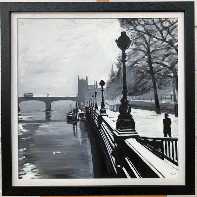 2010s Black & White Painting of Victoria Embankment London - Unique Original Art by British Urban Artist, 2019 For Sale - Image 5 of 8