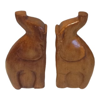 Vintage Wooden Hand-Carved Elephant Bookends - a Pair For Sale