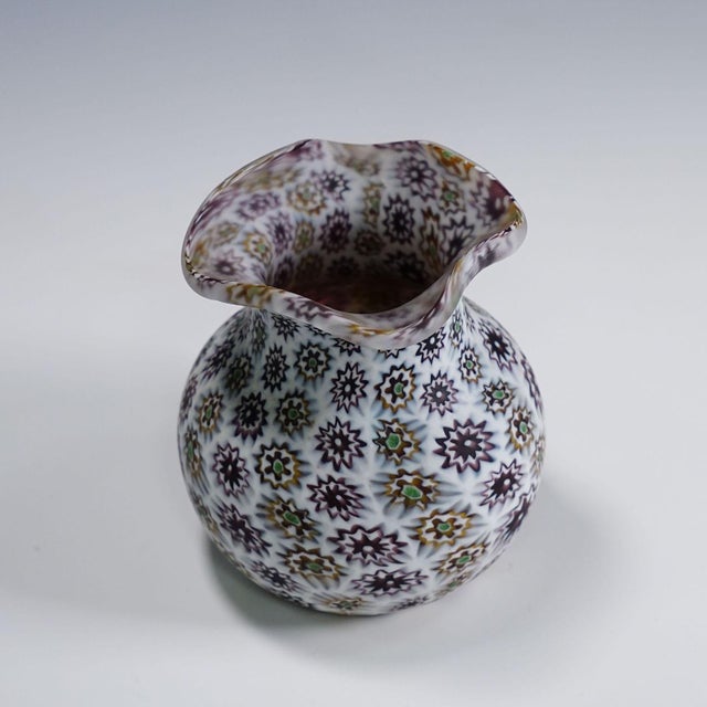 Antique Millefiori Vase in Violet and White, Fratelli Toso Murano ca. 1920s A colorful millefiori murrine glass vase...