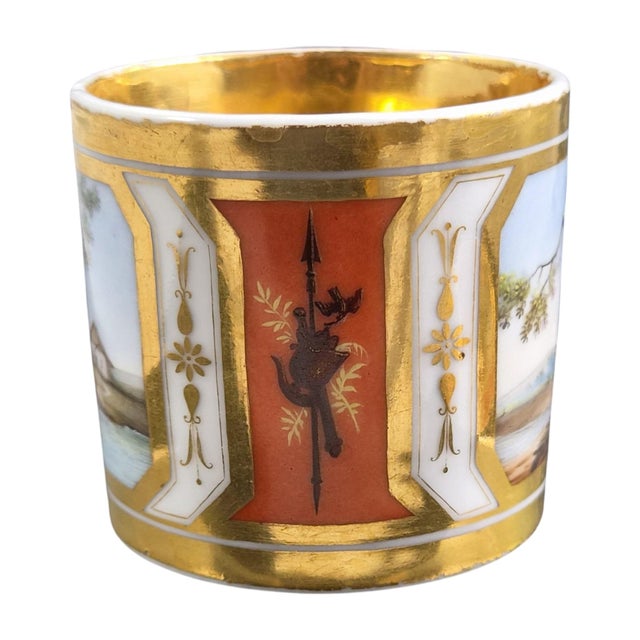 19th Century French Paris Porcelain Cup and Saucer with Pastoral Landscapes and Martial Emblems, 1820, Set of 2 For Sale - Image 5 of 10