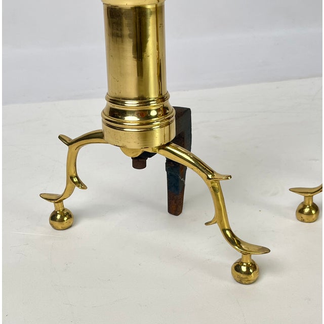 Vintage Tall Polished Brass & Cast Iron Ball Top Andirons - Pair For Sale - Image 11 of 14