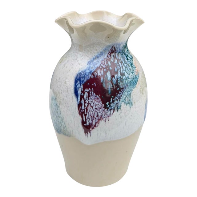 Vintage 8” Studio Pottery Ruffled Rim Drip Glaze Art Vase For Sale