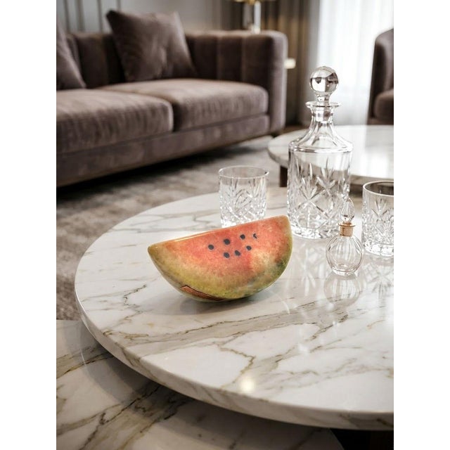 Offering a vintage hand carved Italian Alabaster watermelon fruit circa 1950s, Signed. This colorful hand carved...
