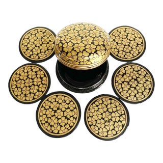 Hand Painted Paper Mache Trinket Box With 6 Coasters | Black Gold Floral Lacquer For Sale