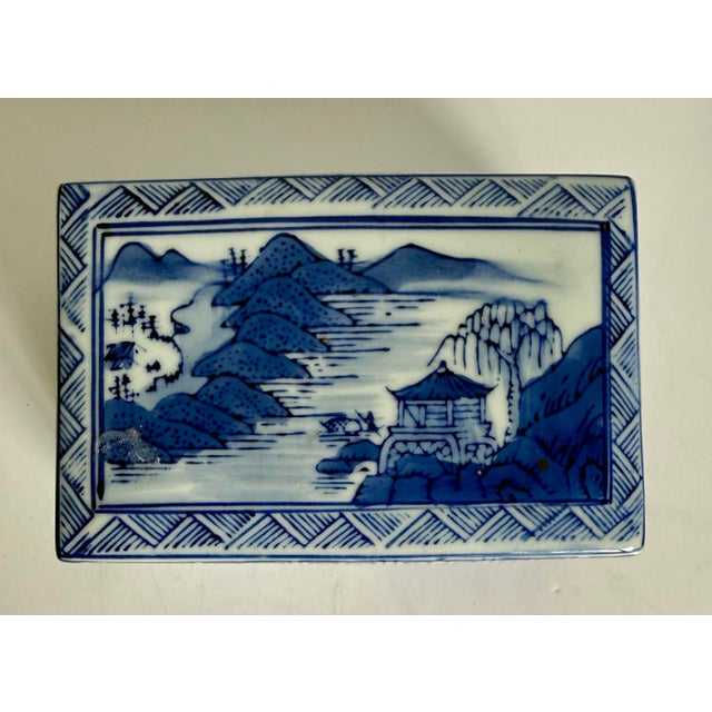 Chinoiserie Vintage Blue & White Chinoiserie Porcelain Lidded Trinket Box With Landscape Scene For Sale - Image 3 of 9