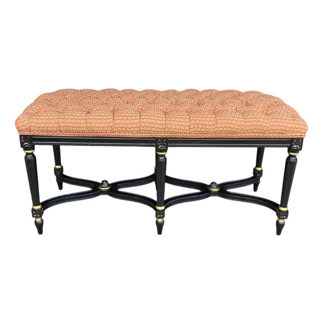 1960s Louis XVI Style Ebonized Bench With Tufted Coral Jacquard Upholstery For Sale