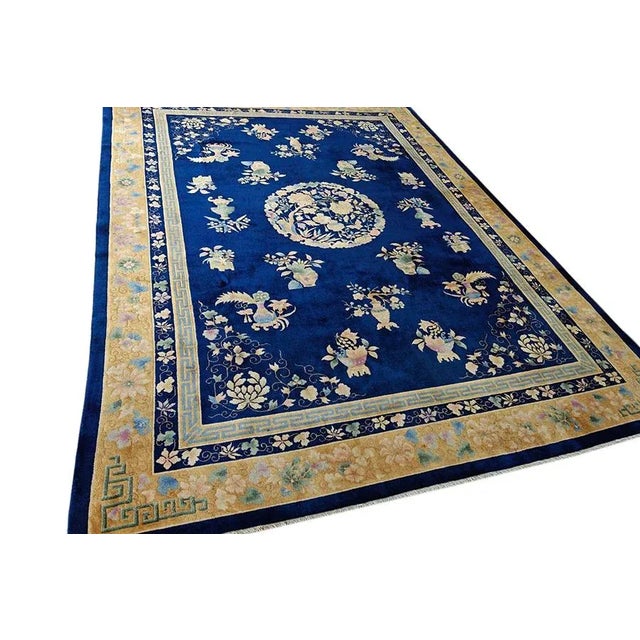 1920s Navy Blue Floral Vase Antique Chinese Art Deco Rug 8' 9'' X 11' 6'' Wool Knotted Carpet For Sale - Image 11 of 12