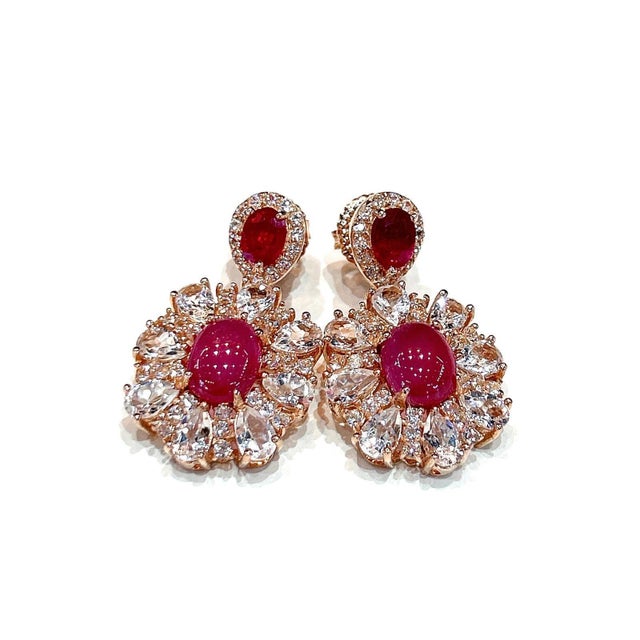Bochic “Orient” Retro Ruby & White Topaz Earrings Set In 18K Gold & Silver, 2 pieces For Sale - Image 4 of 9