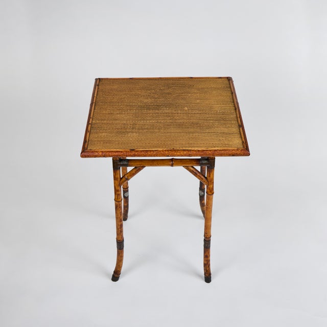 Brown Antique Chinoiserie Tortoiseshell Bamboo + Grass Cloth Side Table For Sale - Image 8 of 13