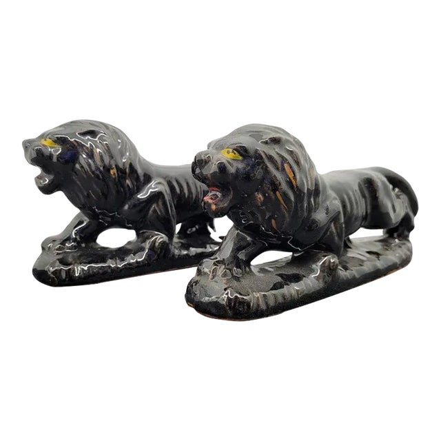 Vintage Japan Black Redware Ceramic Lion Figurines - a Pair For Sale