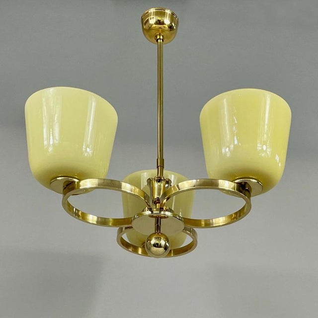 Art Deco Opaline Glass and Brass Chandelier, Germany, 1930s For Sale - Image 4 of 18