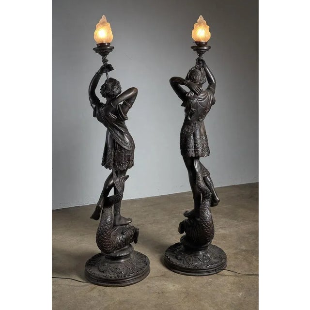 Large Sculptural Male and Female Lamps in Bronze, 1920s, Set of 2 For Sale - Image 4 of 12