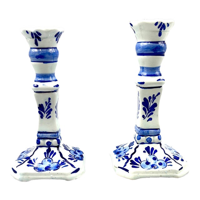 Vintage Dutch Delft Hand Painted Faience Candlesticks - A Pair For Sale