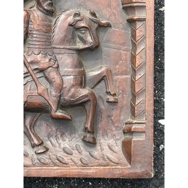 Brown Early 20th C. Heavy Cast Resin Bas Relief Plaque - Templar Knight on Horseback For Sale - Image 8 of 8