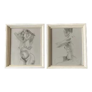 1950’s Original Abstract Cubist Female Nude Figure Study Charcoal Drawings-A Pair
