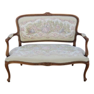French Carved Tapestry Loveseat Settee Bench For Sale