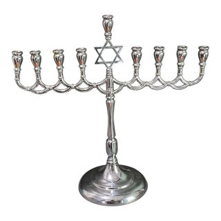 Vintage Judaica Hanukkah Menorah Candelabra Chrome Silver 9 Candle Star of David For Sale
