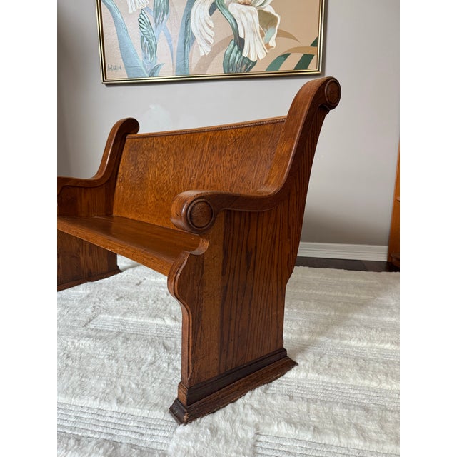 Gothic Antique Solid Mission Carved Oak Wood Church Pew Bench For Sale - Image 3 of 12