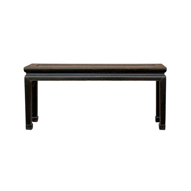 1980s Distressed Rustic Black Lacquer Rattan Narrow Wood Bench Table For Sale - Image 5 of 11