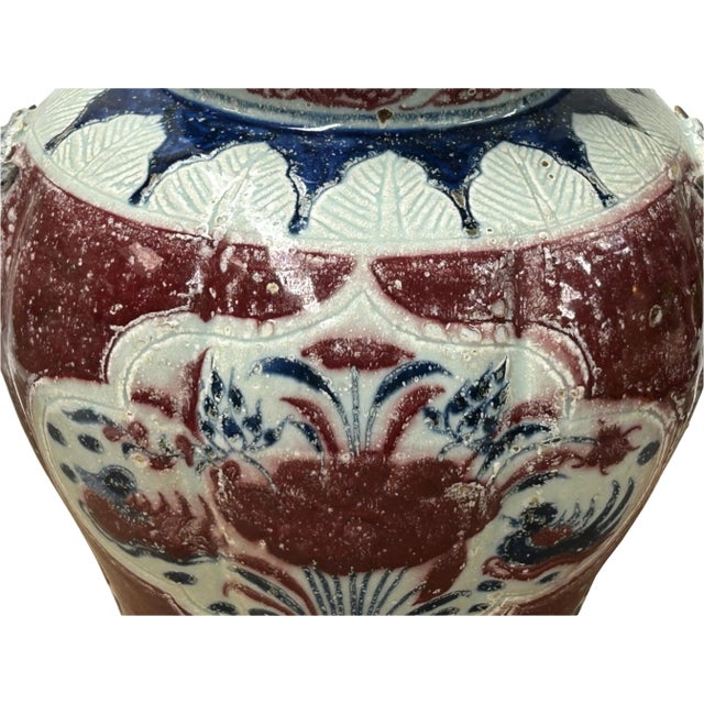 Orient Crackle Blue Red White Floral Graphic Ceramic Jar For Sale - Image 16 of 16