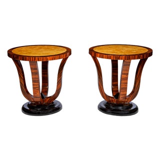 Art Deco Round Side Table in Burl Walnut and Black Lacquer For Sale