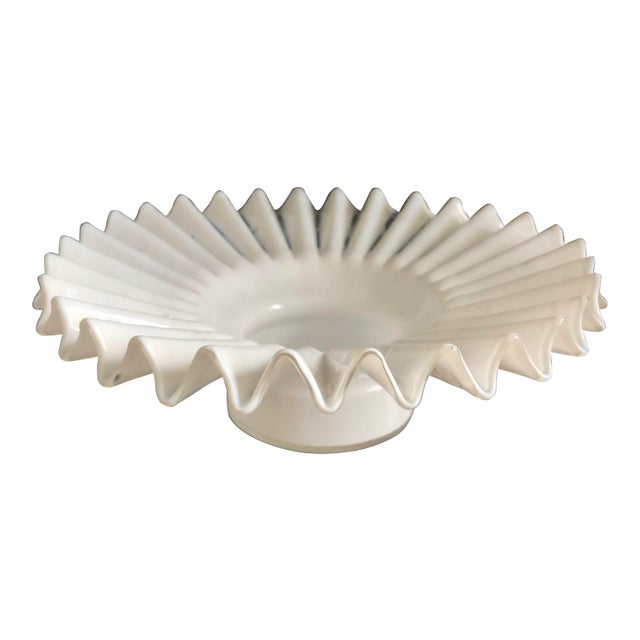 Modern Translucent Studio White Milk Glass Scallopped Edge Bowl For Sale