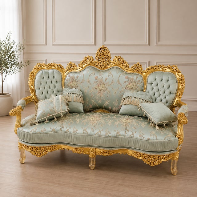 Make a statement with this elegant French Rococo-style sofa, featuring a sophisticated sky blue damask upholstery adorned...