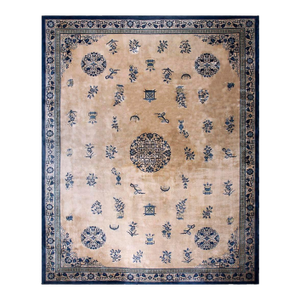 Exceptional Floral Pattern on a Beige Open Field and Navy Border Antique Chinese Peking Rug