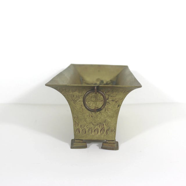 Metal Vintage Etched Brass Footed Indoor Planter Jardinière With Handles For Sale - Image 7 of 11