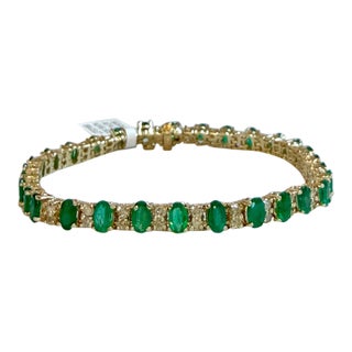 15 Carat Natural Emerald & 2.2 Carat Diamond Tennis Bracelet 14 Kt Yellow Gold For Sale