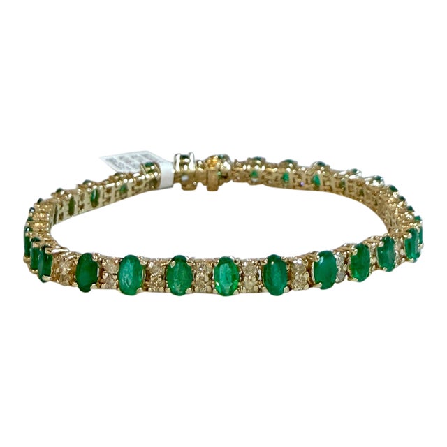 15 Carat Natural Emerald & 2.2 Carat Diamond Tennis Bracelet 14 Kt Yellow Gold For Sale