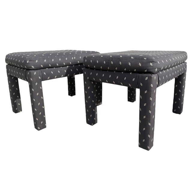 Contemporary Vintage Parsons Style Black Upholstered Ottomans With Geometric Dash Fabric, a Pair For Sale - Image 3 of 11