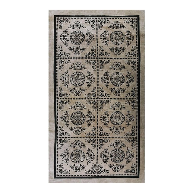 Beige Open Field With Black Diamond Pattern 1890s Antique Chinese Peking Rug For Sale