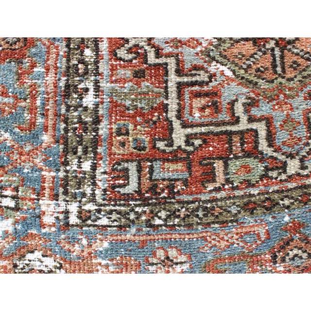 Red Distressed Antique Persian Karadjeh Rug With Geometric Medallions and Accents For Sale - Image 8 of 13