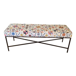 Designer Casablanca Moroccan Suzani Style Linen Upholstered Linen Steel X Bench For Sale