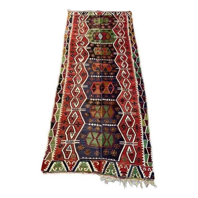 Large Vintage Turkish Red Black Green Wool Kilim Rug For Sale
