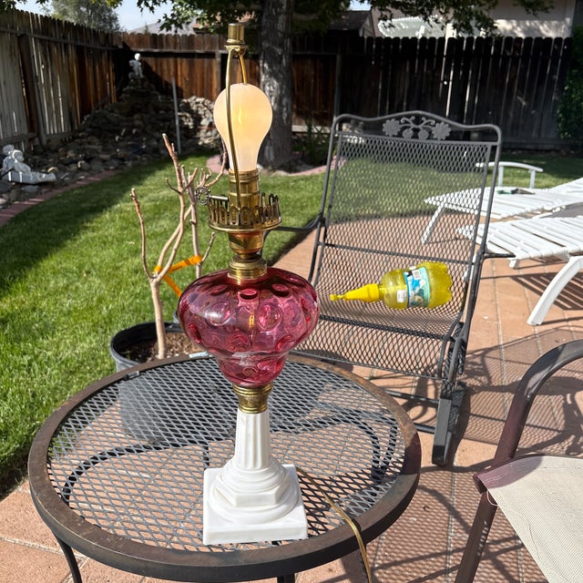 Antique Cranberry Glass Lamp With Milk Glass Base For Sale - Image 4 of 4