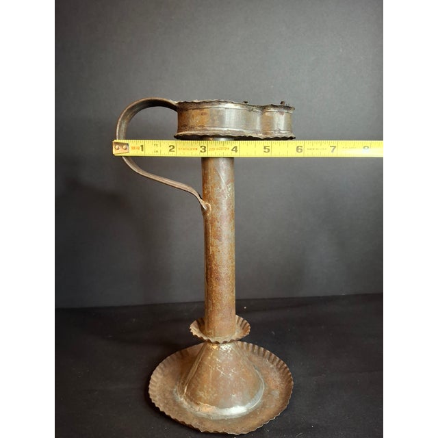 Antique 19thC Sheet Tin Betty Lamp Integrated Saucer Stand Primitive Fat Oil For Sale - Image 16 of 18