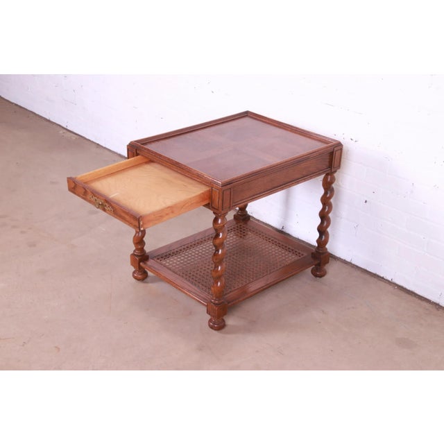 1970s Baker Furniture English Barley Twist Oak, Burl - and Cane Tea Table For Sale In South Bend - Image 6 of 13