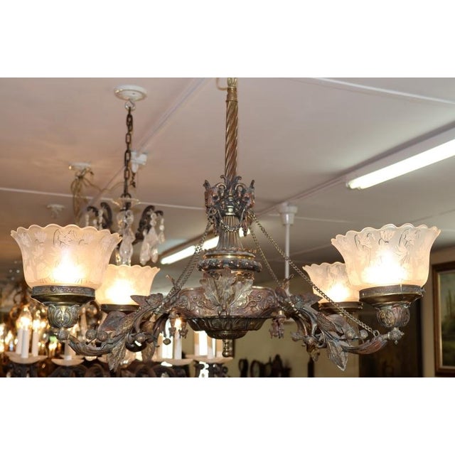 Victorian 19th Century Bronze 4 Light Etched Glass Shade Gas Chandelier Gasolier For Sale - Image 3 of 18
