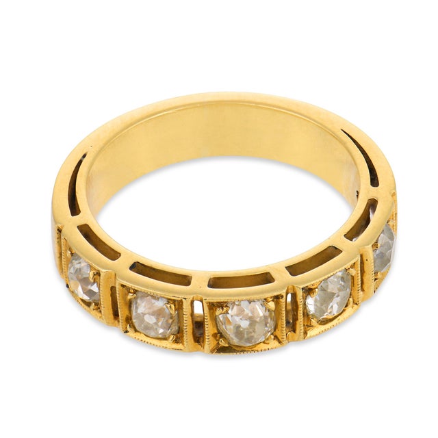 Contemporary Vintage Old Mine Cut Diamond Five Stone 18k Yellow Gold Band, Size 6 For Sale - Image 3 of 7
