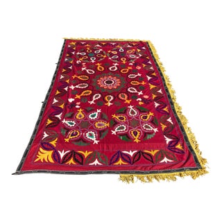 Handmade Red & Yellow Suzani Bedspread For Sale