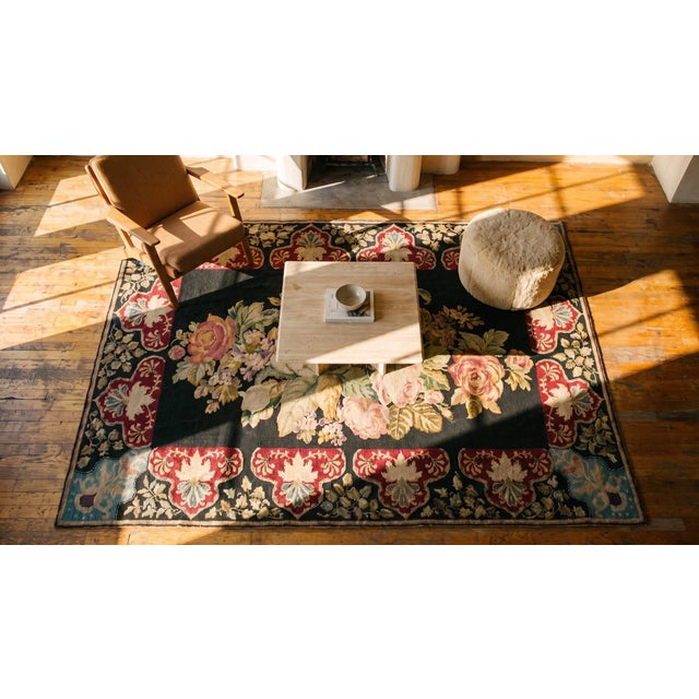 Black 1890s Black Roses Folk Art Antique French Needlepoint Rug 5'2" X 8'8" Flatweave Wool Carpet For Sale - Image 8 of 9