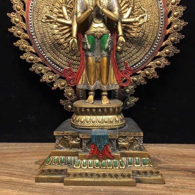Metal Vintage Gilt Bronze Thousand-Hand Guanyin Figure – Painted Buddhist Statue For Sale - Image 7 of 9